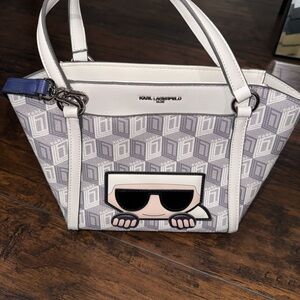 Karl Lagerfeld White and Gray Tote with Iconic Design